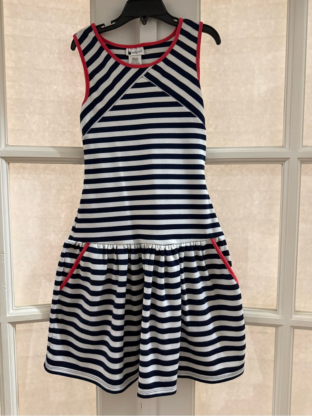 emily west Navy and White Striped Sleeveless Dress with Pink Trim